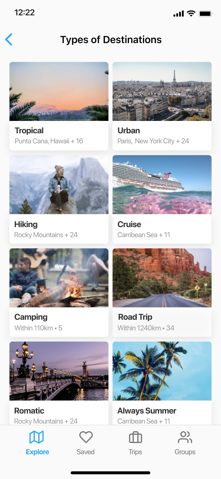 Types of destinations page